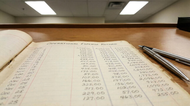 Open Ledger Notebook with Handwritten Figures and Two Pens on Wooden Desk