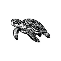 Fototapeta premium Black and white illustration of a cute sea turtle swimming in a simple hand drawn art style