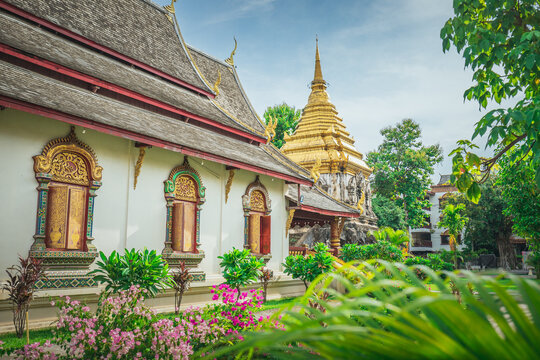 Garden landscape with the pagoda of Wat Chiang Man in Chiang Mai Old City, Thailand
