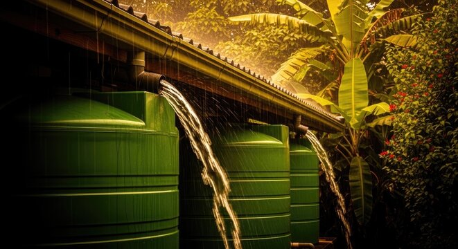 Rainwater harvesting system with green plastic tanks collecting water from roof during heavy rain
