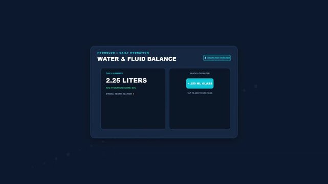 Digital user interface dashboard motion render for daily hydration tracking and fluid intake monitoring app