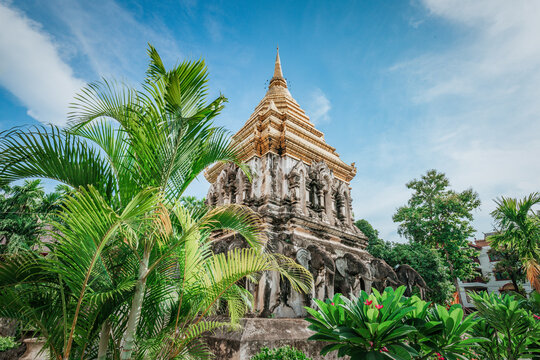 Garden landscape with the pagoda of Wat Chiang Man in Chiang Mai Old City, Thailand