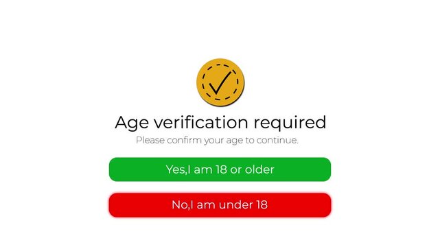 age verification required popup with 18 or older confirmation and yes no button interface animation.