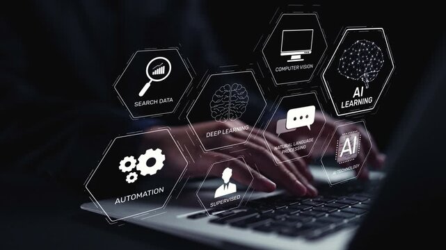 AI learning system involves deep learning, supervised machine learning, and natural language processing. AI learning diagram shows how AI advances learn in automation and data processing. Elide