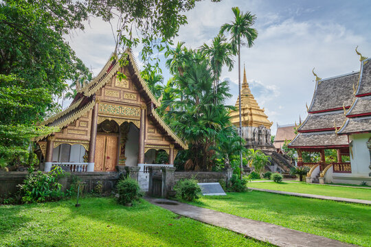Garden landscape with the pagoda of Wat Chiang Man in Chiang Mai Old City, Thailand