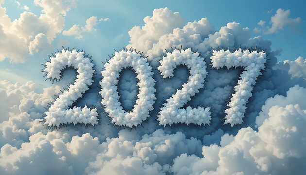 Number 2027 formed with fluffy white cloud shapes arranged as large three-dimensional digits against a bright blue sky filled with other clouds showing textured outlines new year 2027 celebrate 