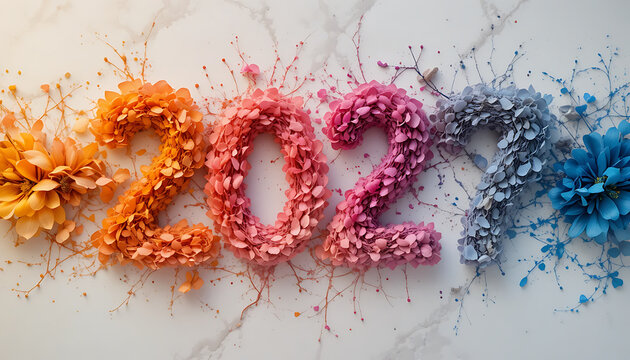 Number 2027 formed with colorful flower petals in orange, pink, magenta, and light blue arranged decoratively on a smooth marble background with matching floral accents new year 2027 celebrate 