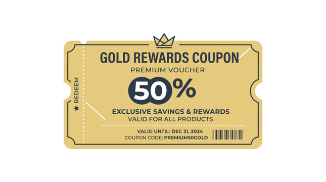 Gold Rewards Coupon Template with 50% Premium Voucher Details & Barcode