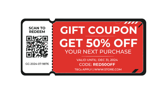 Red Gift Coupon Voucher 50% Off QR Code Scan Template Vector for Business Marketing Promotion Sale Discount