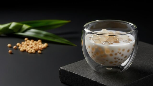 Gourmet Maldivian Saagu Bondibai Sago Pudding in Glass Bowl on Dark Stone with Copy Space