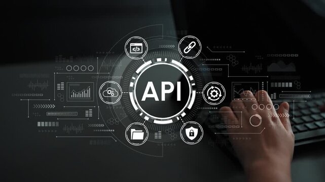 Hands typing on keyboard with digital API interface and connection icons, symbolizing technology, data sharing, software integration, and digital communication concepts. Entropy.