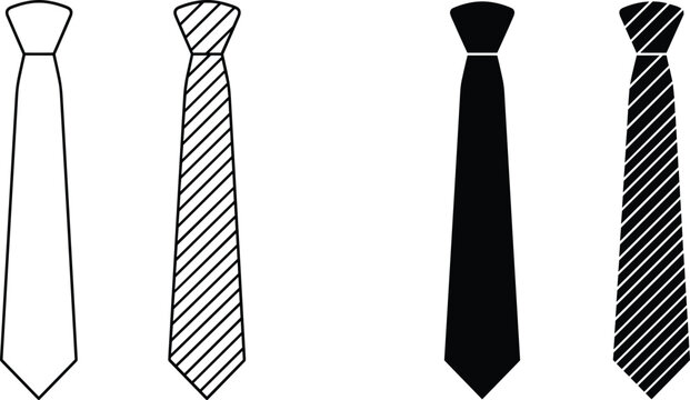 Classic necktie icon set in solid striped and outline styles representing professional dress code or office