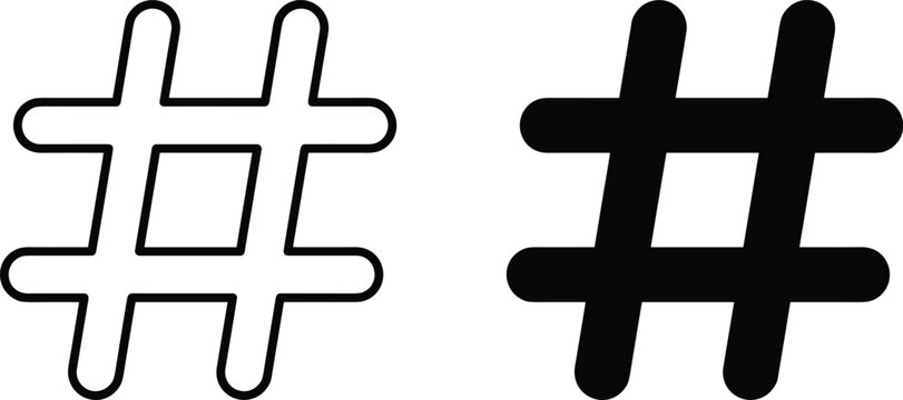 Hashtag sign icon set in solid and outline styles representing social media topics tags and search indexing