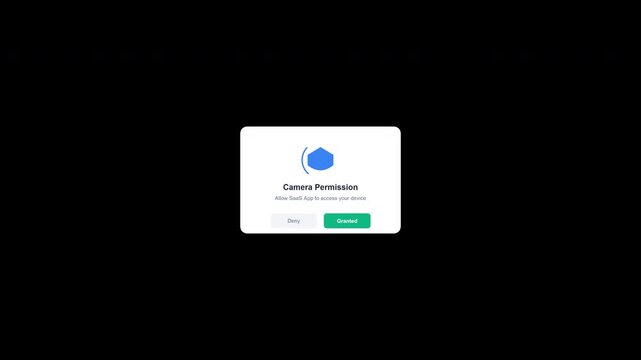 Camera permission popup dialog interface animation with color transition on black background.