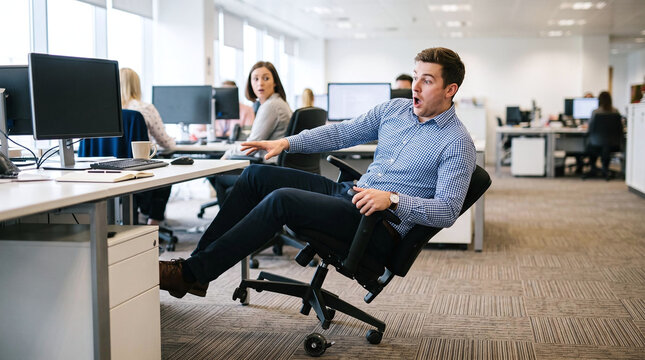 Startled office worker falling backward as desk chair tips in modern office