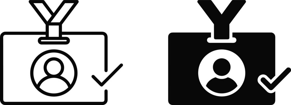 Verified identification lanyard badge icon set in outline and solid styles representing corporate entry pass clearance