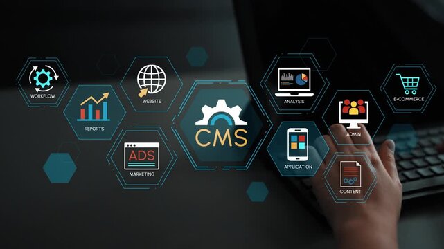 Modern Digital Content Management System Visual with Icons Representing Marketing, Reports, E-Commerce, Workflow, and Analytics for Online Success. Entropy.