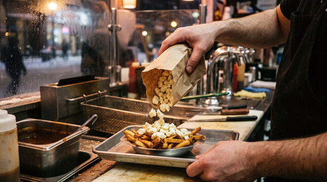 Cook pouring fresh cheese curds onto crispy french fries making poutine dish