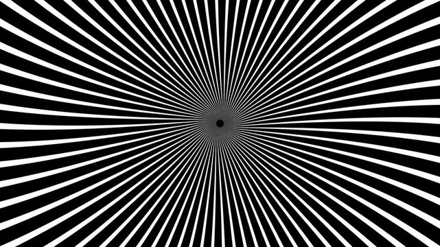 Hypnotic optical illusion loop background with white radiating rays spinning around on a black background