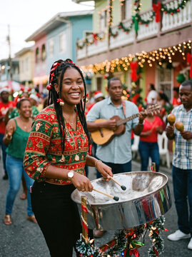 Joyful woman playing steelpan drum in a festive Christmas parang street parade