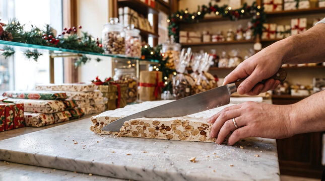 Artisan cutting traditional Christmas torrone nougat slab on marble counter