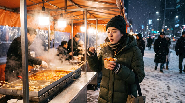 Asian woman eating hot fishcake and tteokbokki at a snowy street food stall