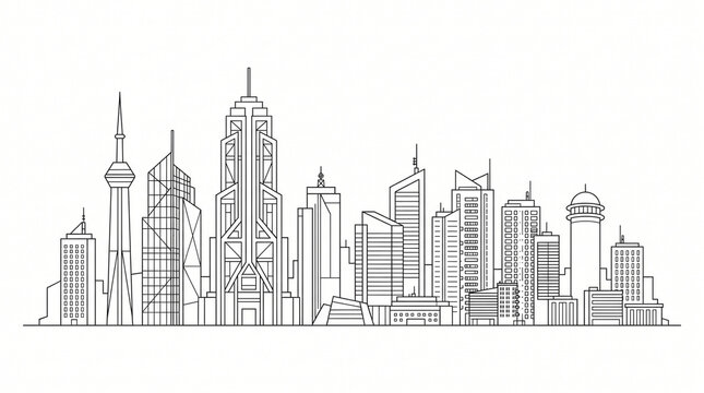 Modern business city skyline vector line art illustration with skyscrapers and towers in minimalist black and white outline