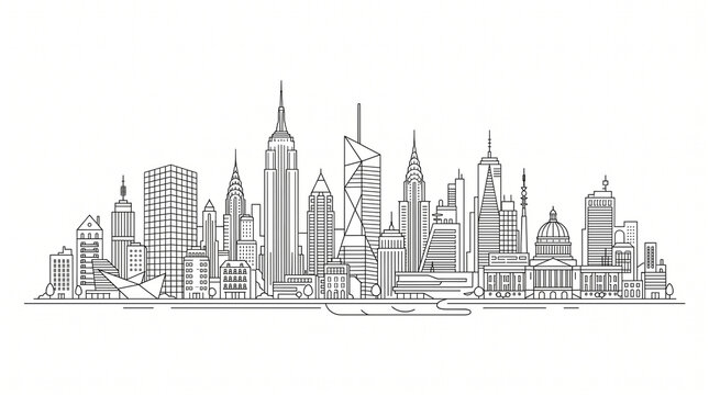 New York City skyline line art illustration with Empire State Building, Chrysler Building and modern skyscrapers in minimalist vector outline style