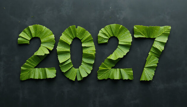 Number 2027 formed with carefully arranged green leaves shaped into digits on a dark background with folded layered natural details visible new year 2027 celebrate 2027 new year