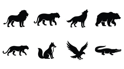 Fototapeta premium Animal silhouettes depicting a lion tiger wolf bear and other wildlife