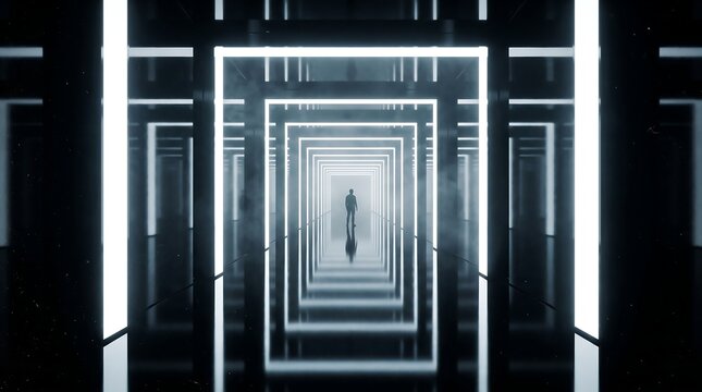 Silhouette of a person walking inside a futuristic glowing white corridor with silhouette corridor futuristic abstract perspective minimalist