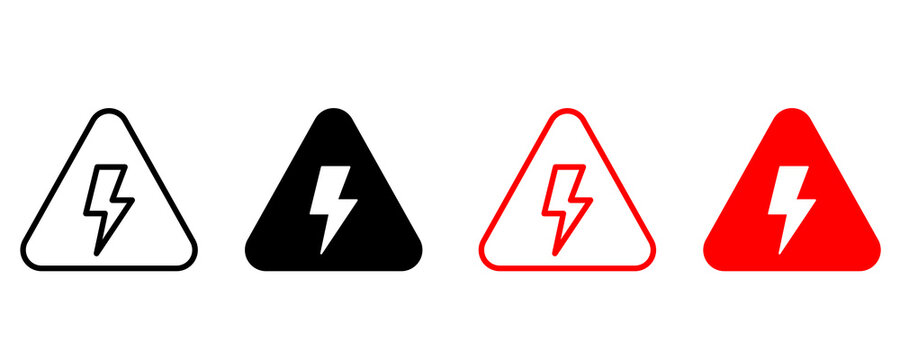 Modern Electrical Warning and High Voltage Hazard Icon Set. High Resolution 2D Outline and Solid Red Energy Danger UI Vector Icons Collection.