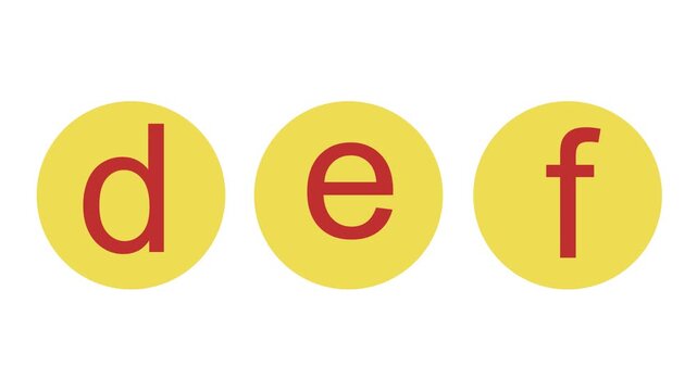 Animated alphabet letters d e f in yellow circles fading in on white background, education learning motion graphic