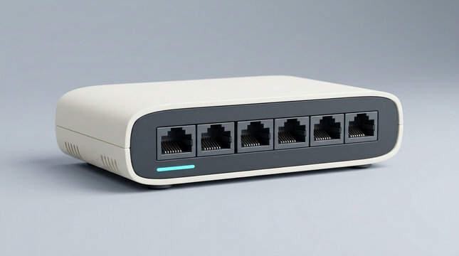 Modern network switch or Ethernet router with multiple ports and blue indicator light isolated on light background