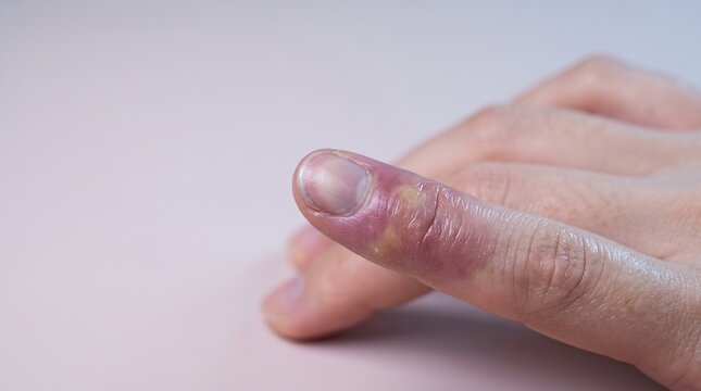 Close up of a swollen red finger with paronychia infection and pus around the nail