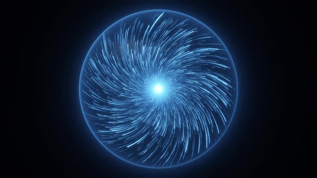 Blue energy orb with light streaks swirling around glowing core on black background, magic power sphere vortex