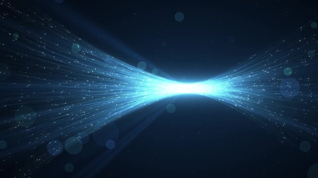 Fiber optic light streams converging into glowing blue center with bokeh, data transfer and high speed internet background