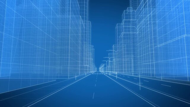 Blueprint wireframe city road fly through with buildings rising on both sides, 3D architectural street plan on blue background