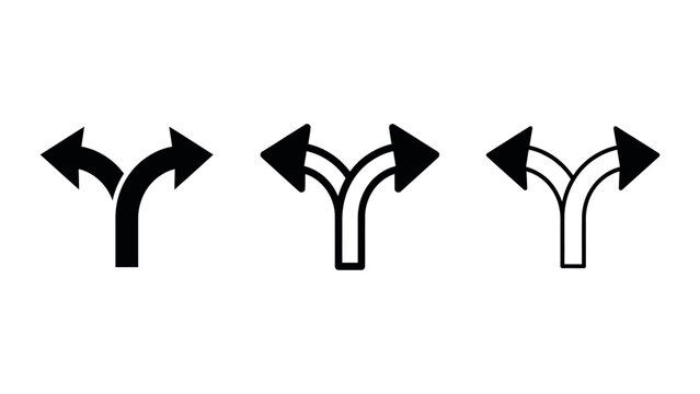 Set of three black and white directional arrow icons showing split paths with split path direction signs forked road navigation symbols decision making multiple choic