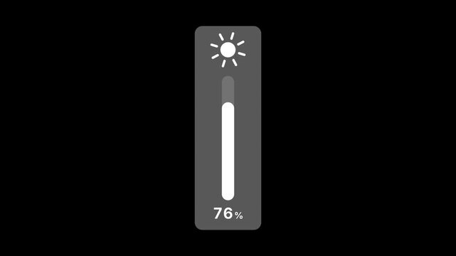 Brightness slider with sun icon rising from 0 to 100 percent and back on black, screen brightness control UI animation