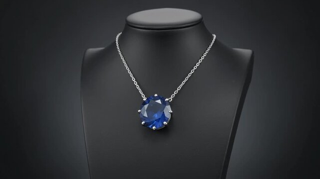 Blue sapphire pendant necklace displayed on black bust stand