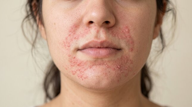 Close up of woman lower face suffering from severe perioral dermatitis rosacea or acne outbreak