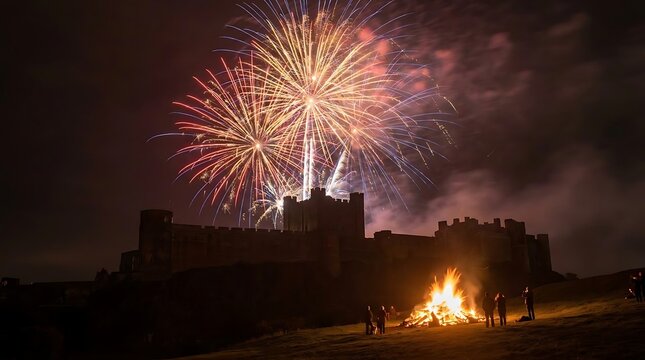 Fireworks exploding over historic castle and bonfire at night.