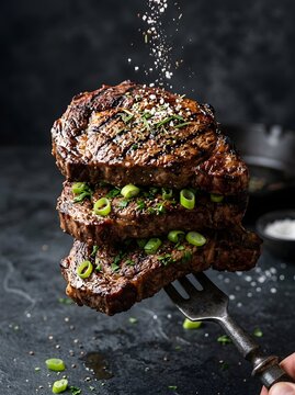Grilled steak stack with garnish and seasoning