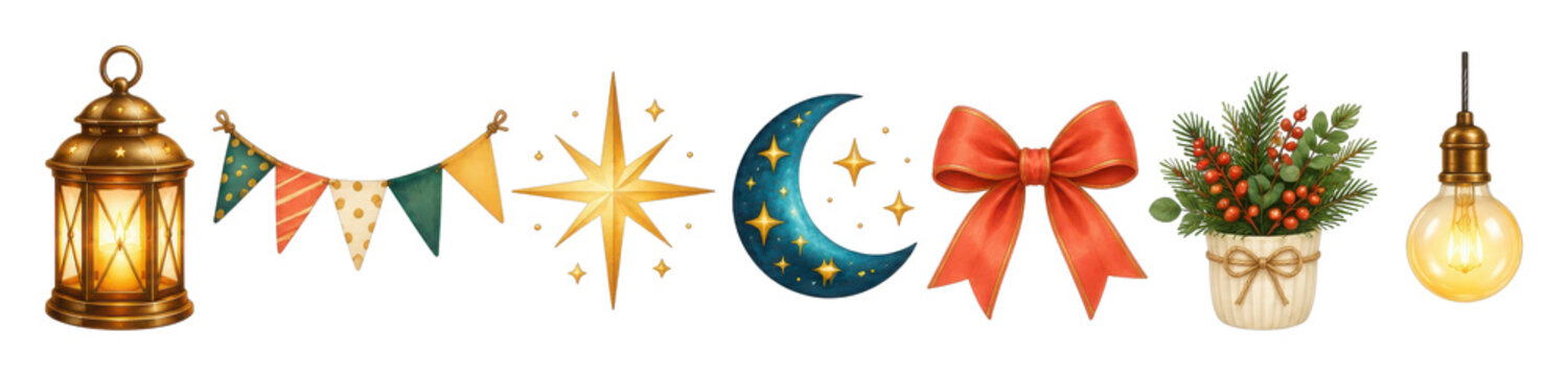 PNG Festive Christmas clipart collection with lantern, garland, star, moon, bow and decor