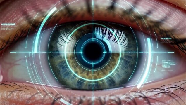Close-up of Human Eye with Futuristic Digital Interface and Biometric Scan Technology.