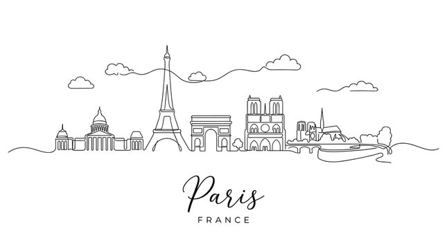 Minimalist Line Drawing of Paris Cityscape Featuring Iconic Landmarks and Skyline in a Clean Artistic Style