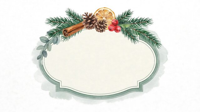 Watercolor christmas frame with pine branches, pinecones, dried orange slice, and red berries on a textured background