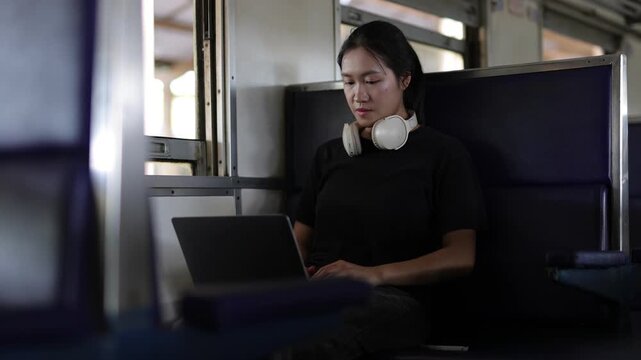 Young woman freelancer working on laptop computer while traveling by train.