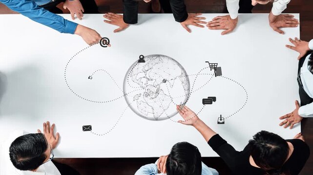A diverse group of professionals collaborates around a table, analyzing a world globe graphic symbolizing global connectivity and modern business strategies. Raster